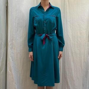 Teal Button Down Dress with Pink Accents Tie Waist Vintage 1980s Mod